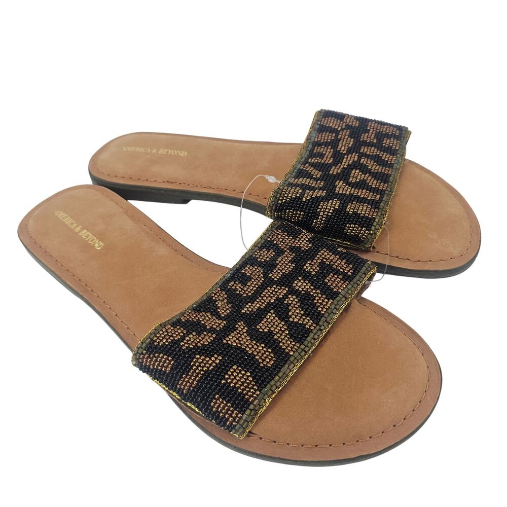 America & Beyond Beaded Leopard Animal Print Slip-on Sandal Women's 39 8.5 Boho
